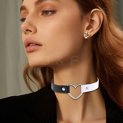 Adjustable Gothic Two Tone PU Leather Alloy Heart Choker Necklaces for Women NJEW-WH20816-007P-F-1