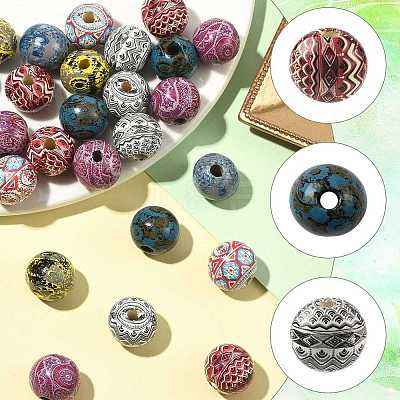 40Pcs 8 Colors Bohemian Style Printed Schima Wood Beads WOOD-FS0002-52-1