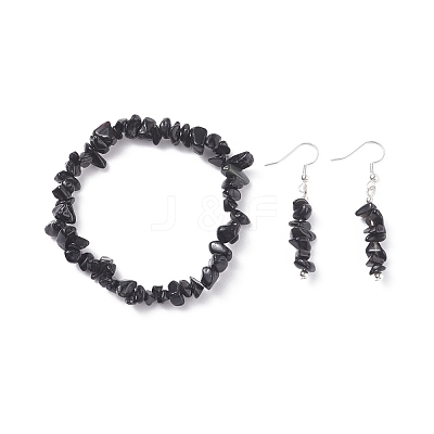Natural Obsidian Chips Beaded Jewelry Set SJEW-JS01232-01-1