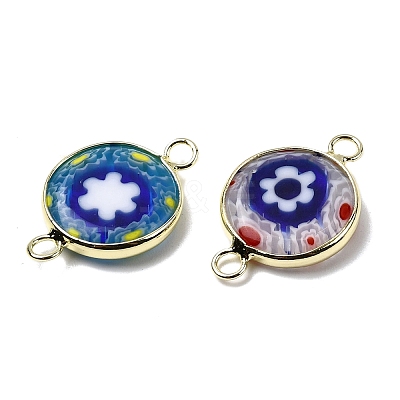Handmade Millefiori Lampwork Flat Round Connector Charms LAMP-D002-02A-G-1