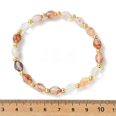 Rice Natural Ferruginous Quartz & Round Brass Beads Stretch Bracelets for Women BJEW-JB13817-1