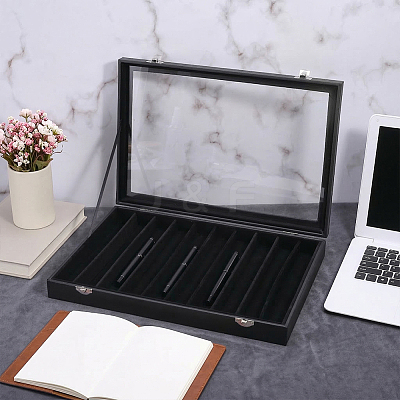 8-Slot MDF Covered with PU Leather Pen Organizer Display Cases with Acrylic Window Lid ODIS-WH0086-232A-02-1