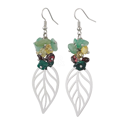 Leaf 201 Stainless Steel Natural Citrine & Natural Green Aventurine & Natural Malachite & Natural Garnet Chip Dangle Earrings EJEW-JE06138-02-1