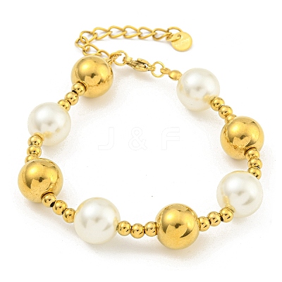 304 Stainless Steel & 201 Stainless Steel & Plastic Pearl Round Beaded Bracelets for Women BJEW-G717-02B-G-1