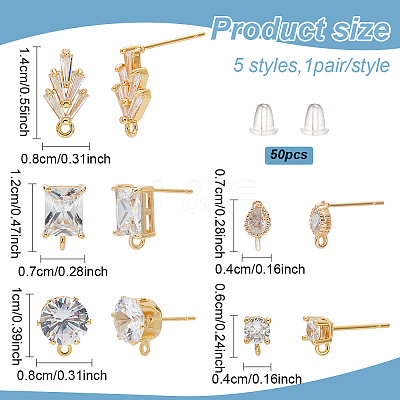 10Pcs 5 Style Brass with Cubic Zirconia Stud Earring Findings DIY-AN0001-14-1