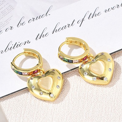 Brass Micro Pave Cubic Zirconia and Cat Eye Beads Heart Hoop Dangle Earrings KK-CBAD9DF-01G-A-1