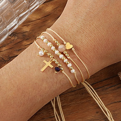 Bohemian Style Brass & Imitation Pearl Beads Braided Bead Bracelets AF5105-1-1