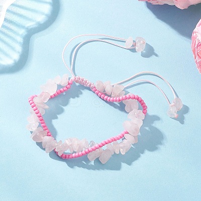 Handmade Glass Seed & Natural Rose Quartz Chip Beads Braided Bead Bracelets BJEW-MZ00250-03-1