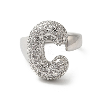 Letter Brass Micro Pave Clear Cubic Zirconia Open Cuff Ring for Women RJEW-N046-03C-P-1