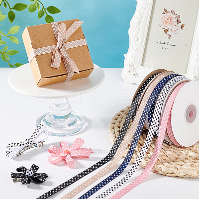 6 Rolls 6 Colors Polyester Polka Dot Print Grosgrain Ribbon OCOR-PH0004-28-1