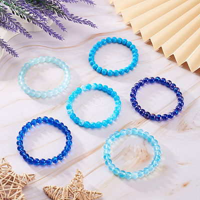 6Pcs 6 Styles 8mm Glass Round Beaded Stretch Bracelet Sets BJEW-TAC0021-1