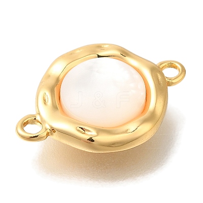Brass Pave Natural White Shell Flat Round Connector Charms KK-K388-79G-1