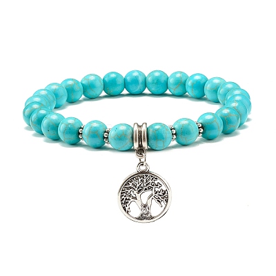 Synthetic Turquoise & Natural Lava Rock Round Beads Stretch Bracelets Set BJEW-JB07465-1