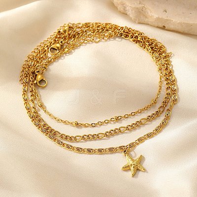 Summer Beach 304 Stainless Steel Starfish Charms 3 Layer Anklets for Women AJEW-F068-01G-1