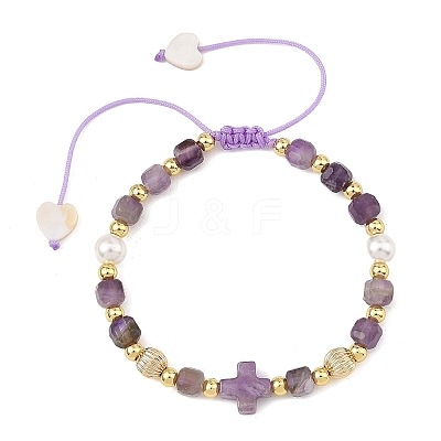 Natural Amethyst Faceted Cube Braided Bead Bracelets BJEW-JB14379-01-1
