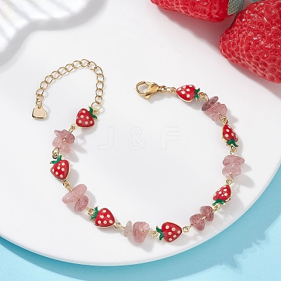 Natural Strawberry Quartz Chip Beads & Brass Enamel Link Chains Bracelets for Women BJEW-JB13149-1