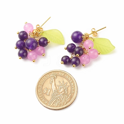 Natural Malaysia Jade Grape with Acrylic Leaf Dangle Stud Earrings EJEW-JE04912-1