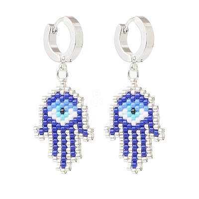 Glass Seed Braided Hamsa Hand with Evil Eye Dangle Hoop Earrings EJEW-MZ00008-1