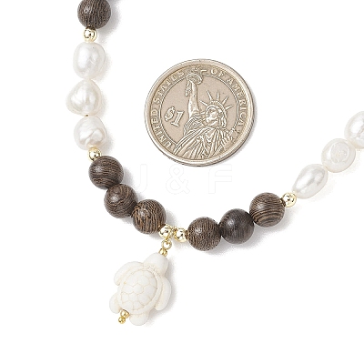 Ocean Dyed Synthetic Turquoise Trutle Pendant 8MM Natural Cultured Freshwater Pearl & Wenge Wood Round Beaded Necklaces for Women NJEW-JN05938-1