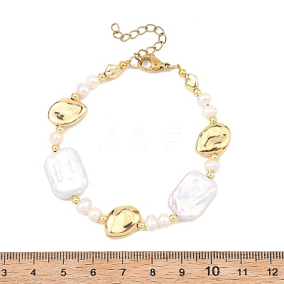 Natural Baroque Pearl Keshi Pearl & Brass Beaded Bracelets for Women BJEW-JB13799-1
