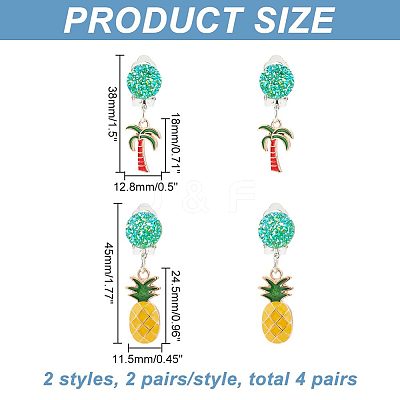 4 Pairs 2 Style Coconut Tree & Pineapple Enamel Dangle Clip-on Earring EJEW-AR0001-08-1