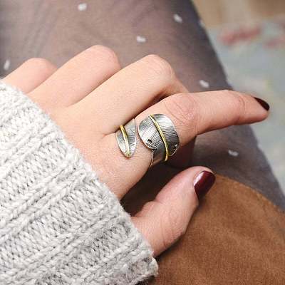 Feather Zinc Alloy Cuff Rings FS-WGF6BB1-01-1