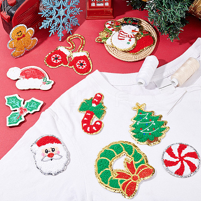 12Pcs 12 Style Christmas Theme Towel Embroidery Cloth Iron on/Sew on Patches PATC-FG0001-47-1