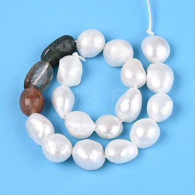 Natural Mixed Gemstone Nuggets & Natural Cultured Freshwater Pearl Beads Strands PEAR-N023-01A-12-1