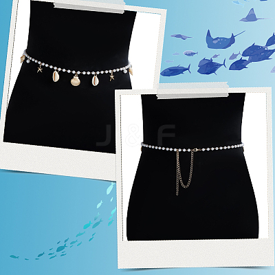 Natural Shell  and Iron Starfish Tassel Imitation Pearl Link Chain Waist Chains for Women AJEW-CP0011-35B-1