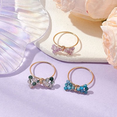 3Pcs 3 Styles Bowknot Natural Apatite & Moss Agate & Amethyst Beaded Finger Rings Sets RJEW-TA00148-1