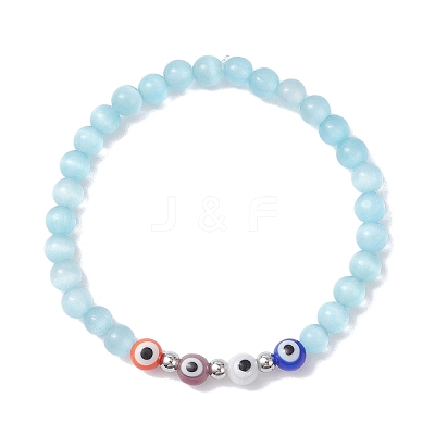 4Pcs 4 Colors Cat Eye & Handmade Evil Eye Lampwork Round Beaded Stretch Bracelets for Women BJEW-JB12289-1