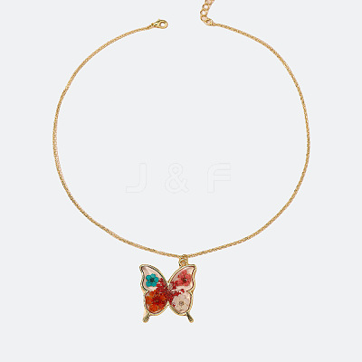 Valentine's Day Alloy Epoxy Resin Butterfly Inner Dried Flower Pendant Necklaces for Women FS-WGBF0A7-03-1