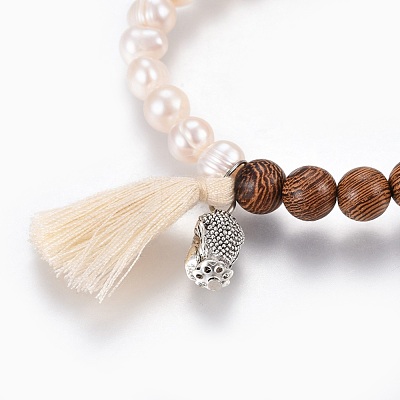 Cotton Thread Tassels Charm Stretch Bracelets BJEW-JB04110-1