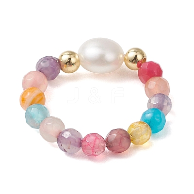 Adjustable Natural Cultured Freshwater Pearl & Natural Agate Finger Rings RJEW-JR00967-1