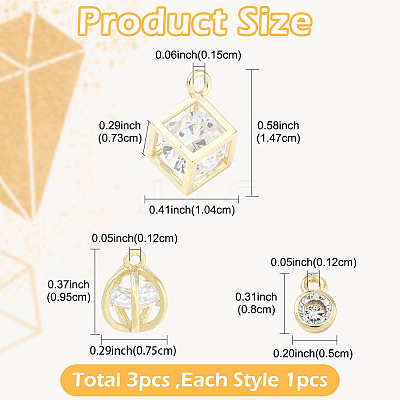 3Pcs 3 Styles Brass Micro Pave Clear Cubic Zirconia Charms Pendants ZIRC-YW0001-35-1