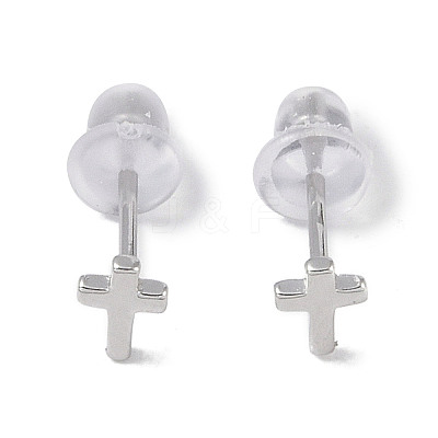 Anti-Tarnish Rhodium Plated Cross 999 Fine Silver Stud Earrings for Women EJEW-S215-23P-1