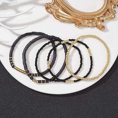 5Pcs 5 Style Polymer Clay Disc & Synthetic Hematite & Seed Beaded Stretch Bracelets Set BJEW-JB09685-02-1
