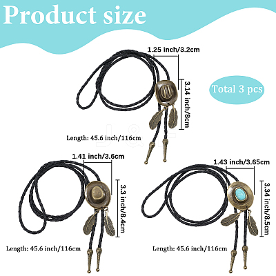 3Pcs 3 Styles Black PU Imitation Leather Alloy Pave Synthetic Turquoise Feather Cowboy Hat Polo Tie Lariat Necklaces for Men NJEW-GF0001-17-1