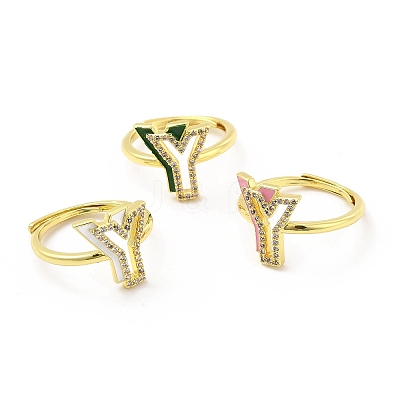 Mixed Color Enamel Initial Letter Adjustable Ring with Clear Cubic Zirconia RJEW-P045-01G-Y-1