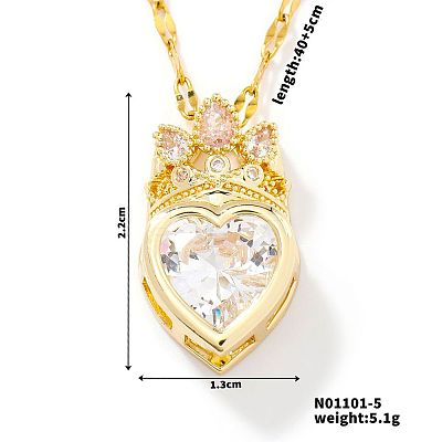 Fashionable Brass Cubic Zirconia Crown Heart-Shaped Pendant Dapped Chain Necklaces for Women SM2288-3-1