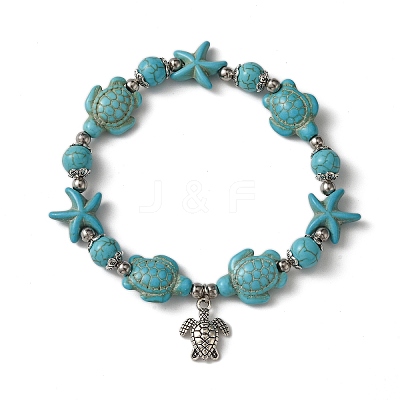 Starfish & Turtle Dyed Synthetic Turquoise Beaded Stretch Bracelets BJEW-JB10925-02-1
