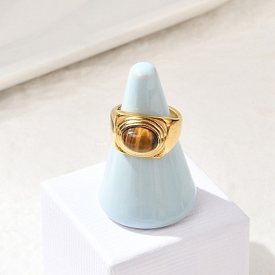 Oval Natural Tiger Eye Finger Rings RJEW-Q007-06G-1