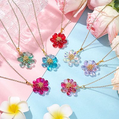 7Pcs 7 Colors Flower Handmade Glass Seed Beaded Pendant Necklaces NJEW-MZ00096-1