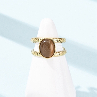 304 Stainless Steel with Glass Cat Eye Cuff Rings for Women RJEW-K309-40G-1