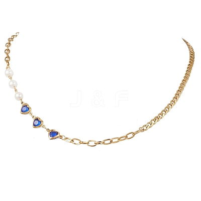 2Pcs 2 Colors Round White Shell Pearl & Heart 304 Stainless Steel Glass Link Chain Necklaces for Women NJEW-JN05594-1