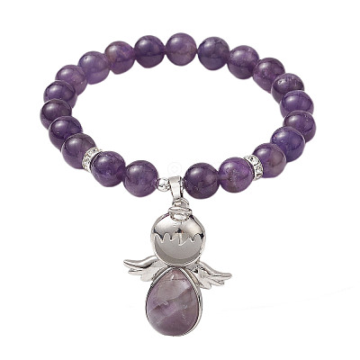 Natural & Synthetic Mixed Gemstone Stretch Bracelets with Angel Charms BJEW-JB11046-1