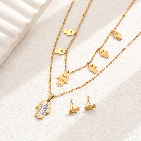 Elegant Vintage Stainless Steel Rhinestone Hamsa Hand Stud Earrings & Double-layer Necklace Sets for Women QF7163-1
