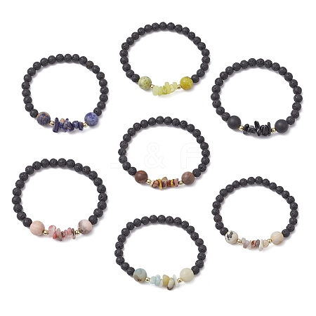 7Pcs Natural Mixed Stone Chips & Round Beaded Stretch Bracelets Set for Women BJEW-JB11130-1