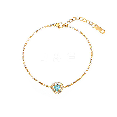 Cubic Zirconia Heart Link Bracelet with Golden Stainless Steel Chains OQ9710-1-1