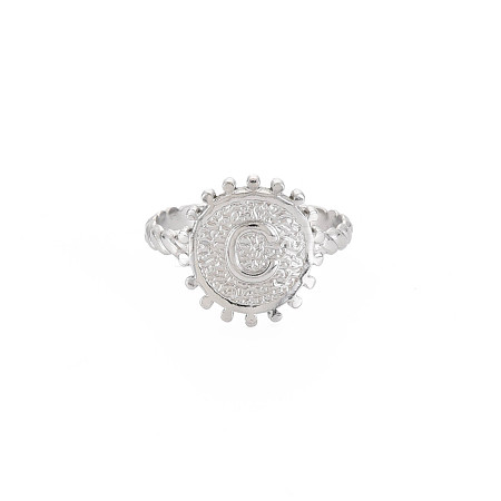 Non-Tarnish 304 Stainless Steel Flat Round with Initial Letter Open Cuff Ring for Men Women RJEW-S405-246P-C-1